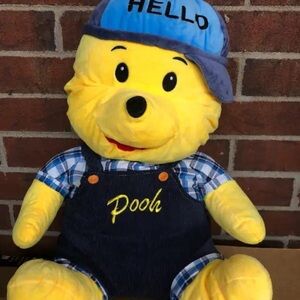 VINTAGE DISNEY XL WINNIE THE POOH PLUSH SCHOOL BOY OVERALLS BLUE CAP 20 INCH